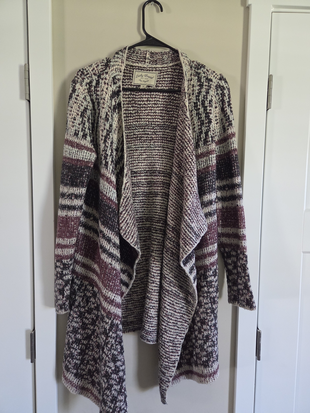 Lucky Brand Wool Blend Cardigan Medium Boho Draped Open Front Burgundy Cream